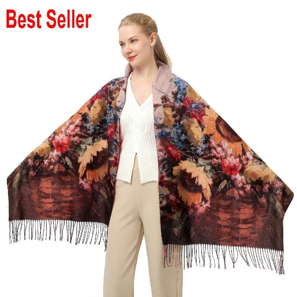 Oversized Cashmere Feel Shawl Scarf Floral Print Tassel Elegant Boho Wrap